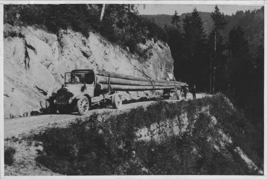 Foto Sattelschlepper mit Langholz in den See-Waldungen der Korporation Zug