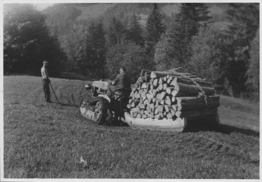 Foto Raupenschlepper mit angehängtem Schlitten für Brennholzrücken