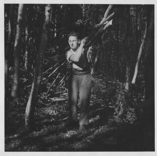 Foto Waldarbeiter beim Tragen von Holz auf der Schulter