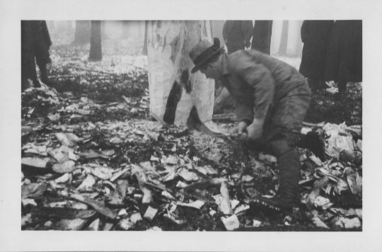Foto Holzhauergruppe des Waldwirtschafts-Verbandes: Sägen des Stammes