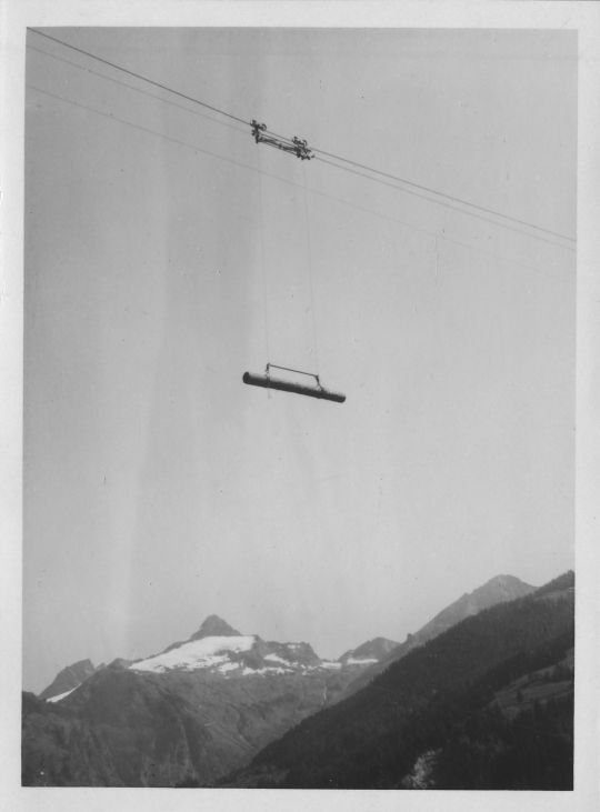 Foto Transport von Langholz mit der Drahtseilriese im Gebirge