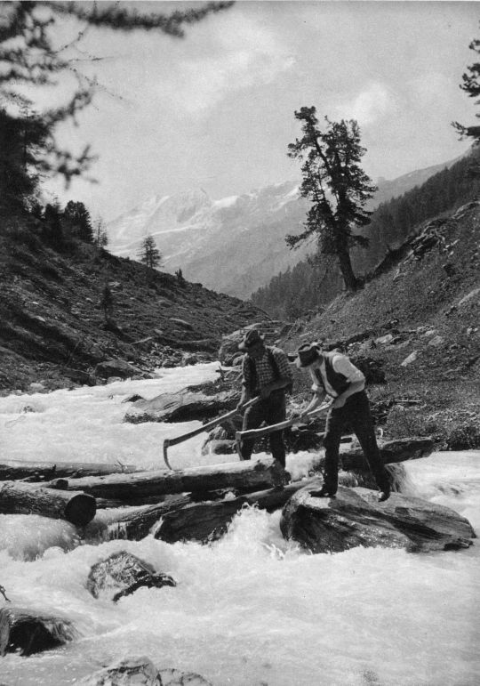 Foto Flössen des Holzes im Turtmanntal