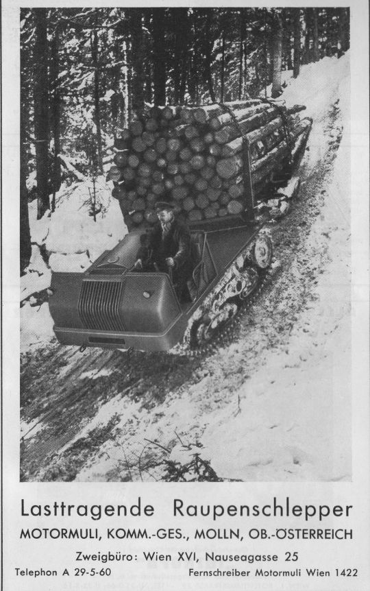 Foto "Motormuli" mit Drehrunge und Schlitten bei der Holzbringung im Winter.