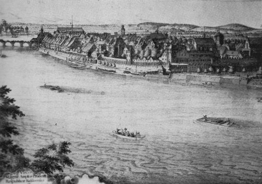 Foto "Der Rhein bei Basel mit Flössen von St. Albanvorstadt her."