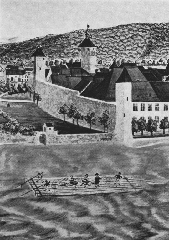 Foto "Balkenfloss mit Personentransport bei Rheinfelden"