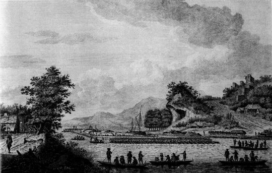 Foto "Rheinfloß oberhalb Bonns in Höhe des Siebengebirges"