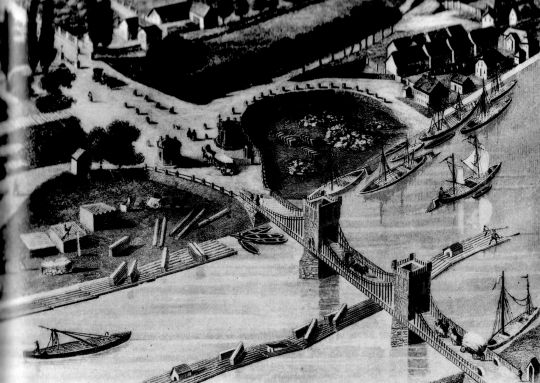 Foto "Neckar mit Holzstapelplatz und Kettenbrücke."