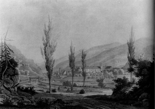 Foto "Wolfach im Kinzigtal. Im Vordergrund binden Flößer ...Flöße ein"