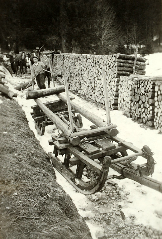 Foto Schichtholztransport auf Schlitten