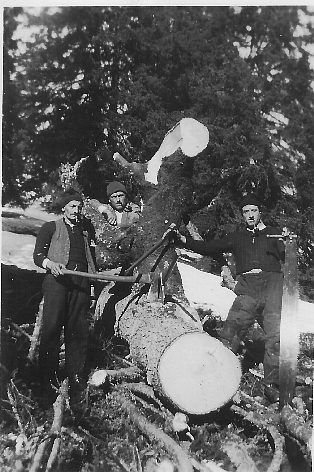 Foto Drei Holzer mit Werkzeug